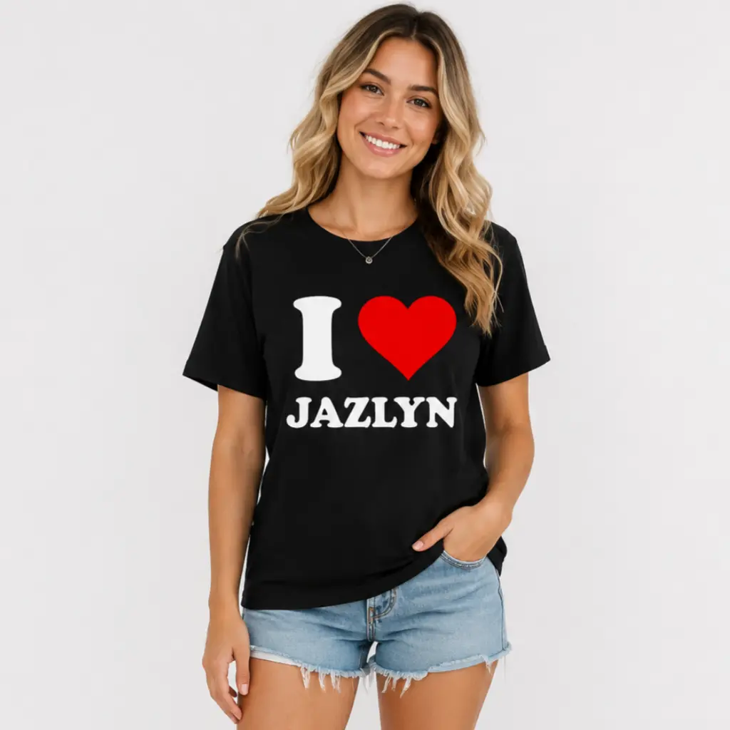 Women's Red Heart "I Love Jazlyn" 100% Cotton Garment, Fitted Casual Crew Neck Shortsleeve T-Shirt, Solid Comfortable Spring-Summer Top