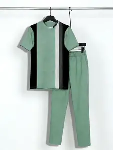 Office Preparation |   Men's Unique Green and Black Stripe Printed Casual Clothing - Comfortable Polyester Short Sleeve T-shirt and Pants Set with Pocket, Machine Washable
