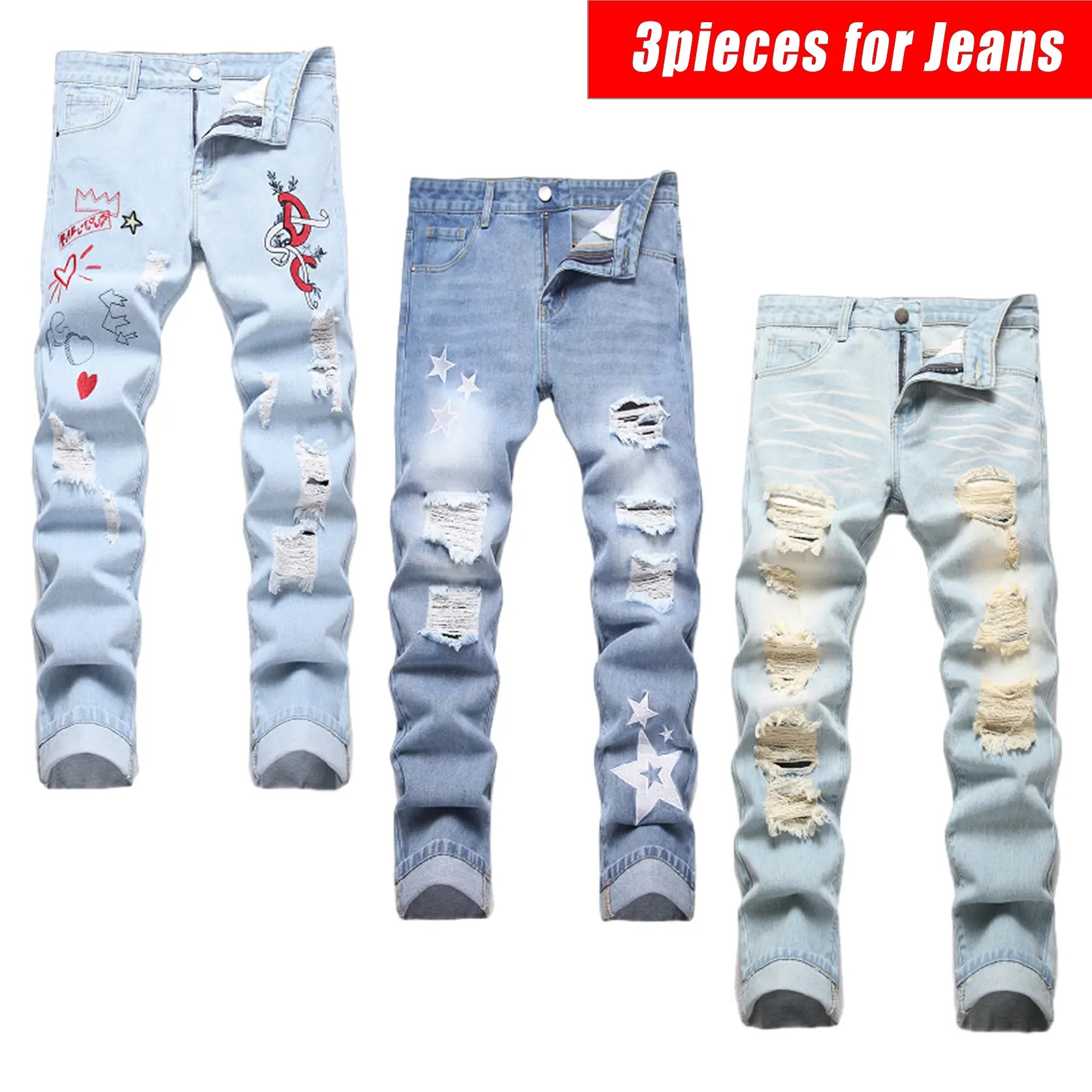 Men's 3-Pack Distressed Jeans, Slim Fit Straight-Leg Denim, Grunge Aesthetic Fashion Streetwear with Stylish Pockets, Set, Menswear