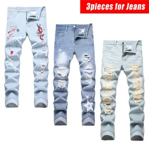 Men's 3-Pack Distressed Denim Jeans, High-Quality Straight-Leg Non-Baggy Full-Length Long Pants, Casual Embroidered Slim-Fit Damaged Streetwear Bottoms with Stylish Pockets, Durable Easy-Care, Multiple Sizes Available, Denim Men's Jeans, Full-Length Men's