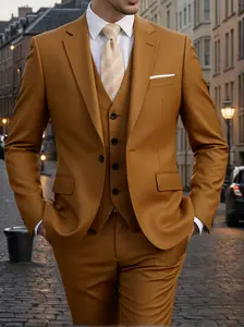 Men's 3-Piece Premium Business Suit Set – Lapel Blazer, Vest & Pants | Executive Style Formal Outfit for Office, Meeting, Wedding & Banquet | Navy Blue & Camel