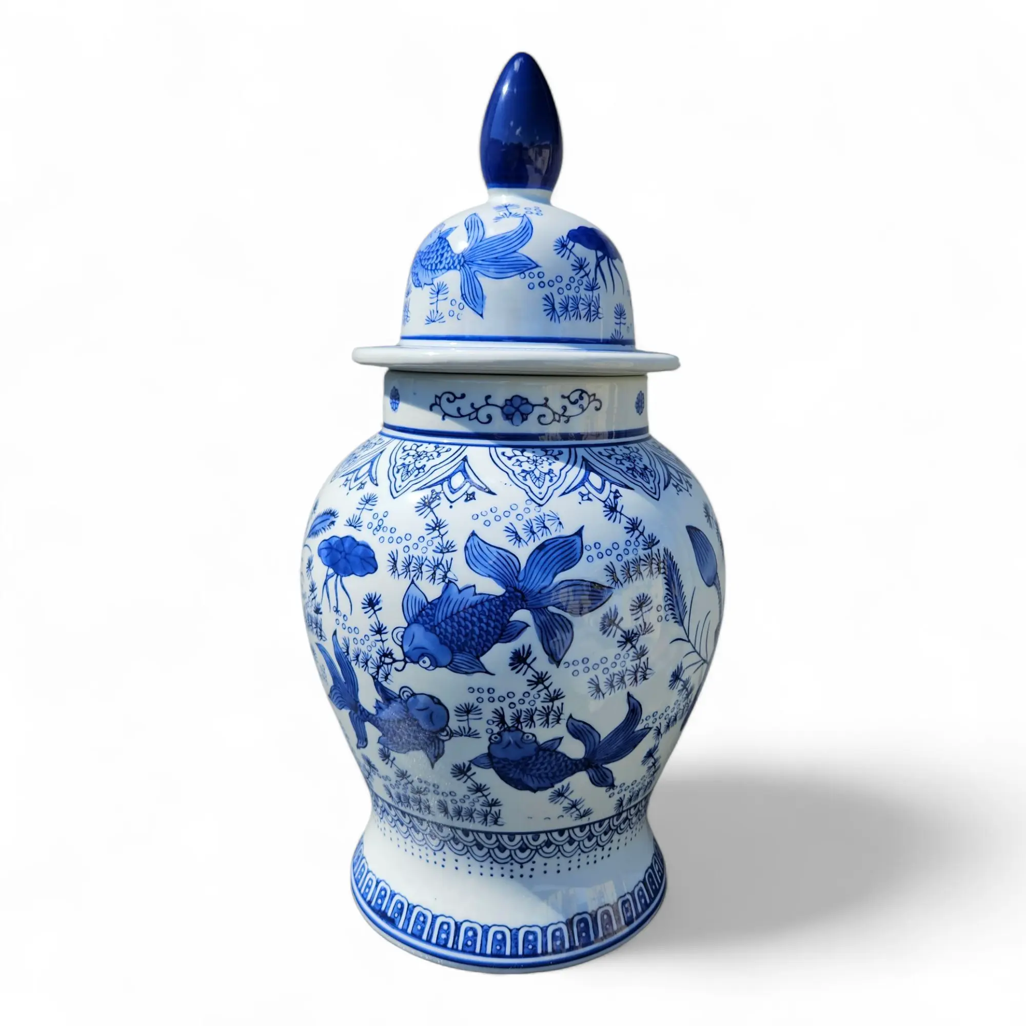 17” Ceramic Olokun Ginger Jar Potiche, Vintage Irregular Form Blue and White Fish Porcelain Vase, Decorative Piece for Santería Yoruba Orisha Altar, Living Room Home Decor