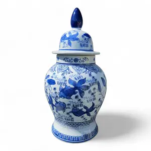 17” Ceramic Olokun Ginger Jar Potiche, Vintage Irregular Form Blue and White Fish Porcelain Vase, Decorative Piece for Santería Yoruba Orisha Altar, Living Room Home Decor