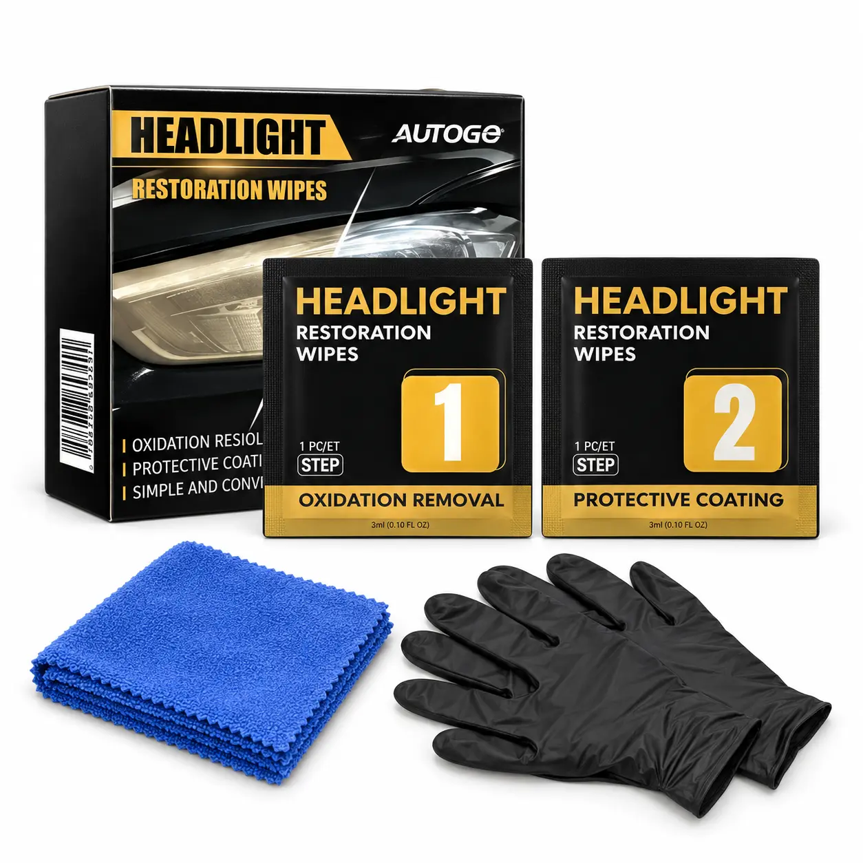 Headlight Restoration Wipes Kit, 2-Step Oxidation Removal & Protective Coating for Car Headlights, Includes Microfiber Towel and Gloves