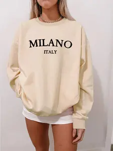 Fall Winter Women's Casual Sweater with Milano Letter Design, Loose Fit Round Neck Long Sleeve Pullover Sweatshirts, Heart and Slogan Pattern Top