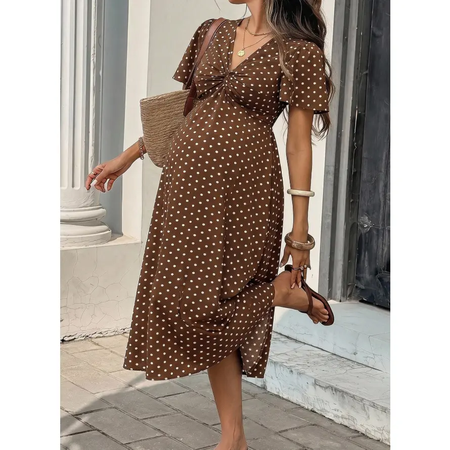 Bumpie x  Brown Polka Dot Knotted Short-Sleeved Elegant Maternity Dress; Suitable For Summer, Maternity Wear, And Wedding Guest Dress.  Ruffle Dress