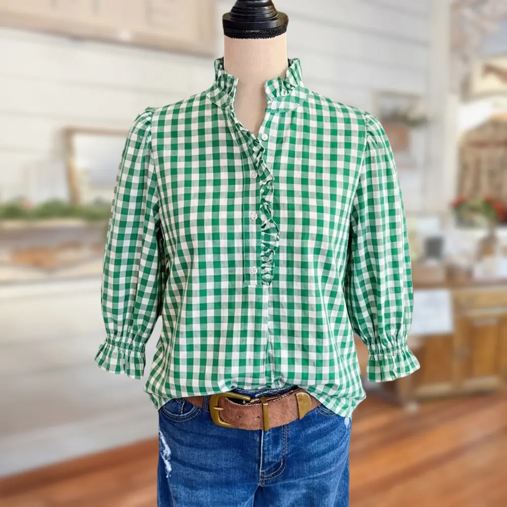 SageVell 3/4 Sleeves Puff Sleeve 100% Cotton Green & White Gingham Shirt  with Ruffle Accents Top for Women - Casual Button Down - TikTok Shop