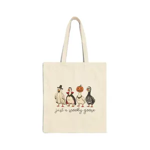 Spooky Goose Cotton Canvas Tote Bag, Halloween Trick or Treat Bag, Funny Animal Graphic Carryall, Eco-Friendly Shopping Bag, Reusable