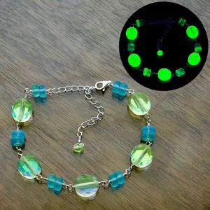 Adjustable 6” - 8.25” Uranium Glass Bracelet with Solid Sterling Silver and Vaseline Yellow & Blue