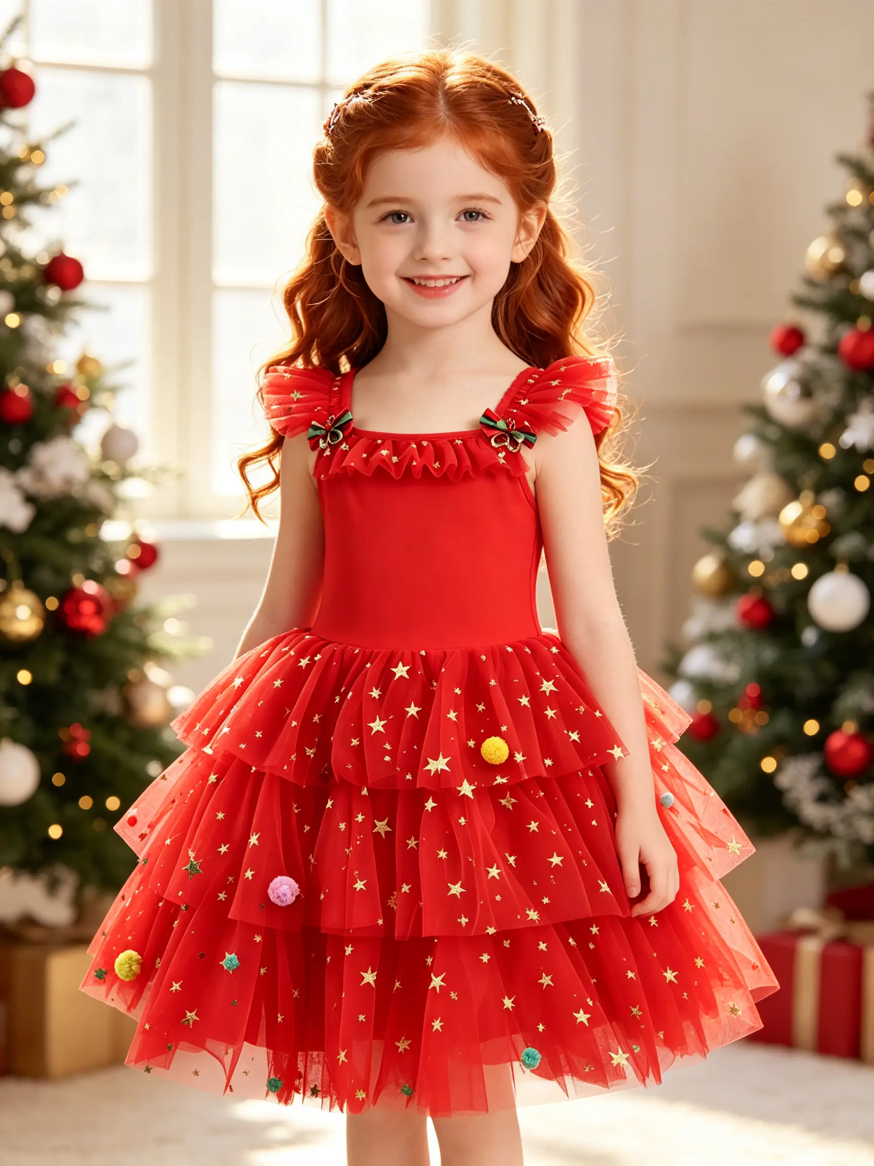 Girls Red Christmas Princess Dress, Ruffle Fly Sleeve Star Glitter Tulle Cake Dress, Colorful Pom Pom Princess Gown for Birthday Holiday Party
