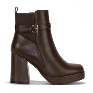 Donnie - Block Mid Heel Ankle Boots, Inward Zipper & Belt Buckle Accent, Comfort Insole for All-Day Office Wear or Business Casual