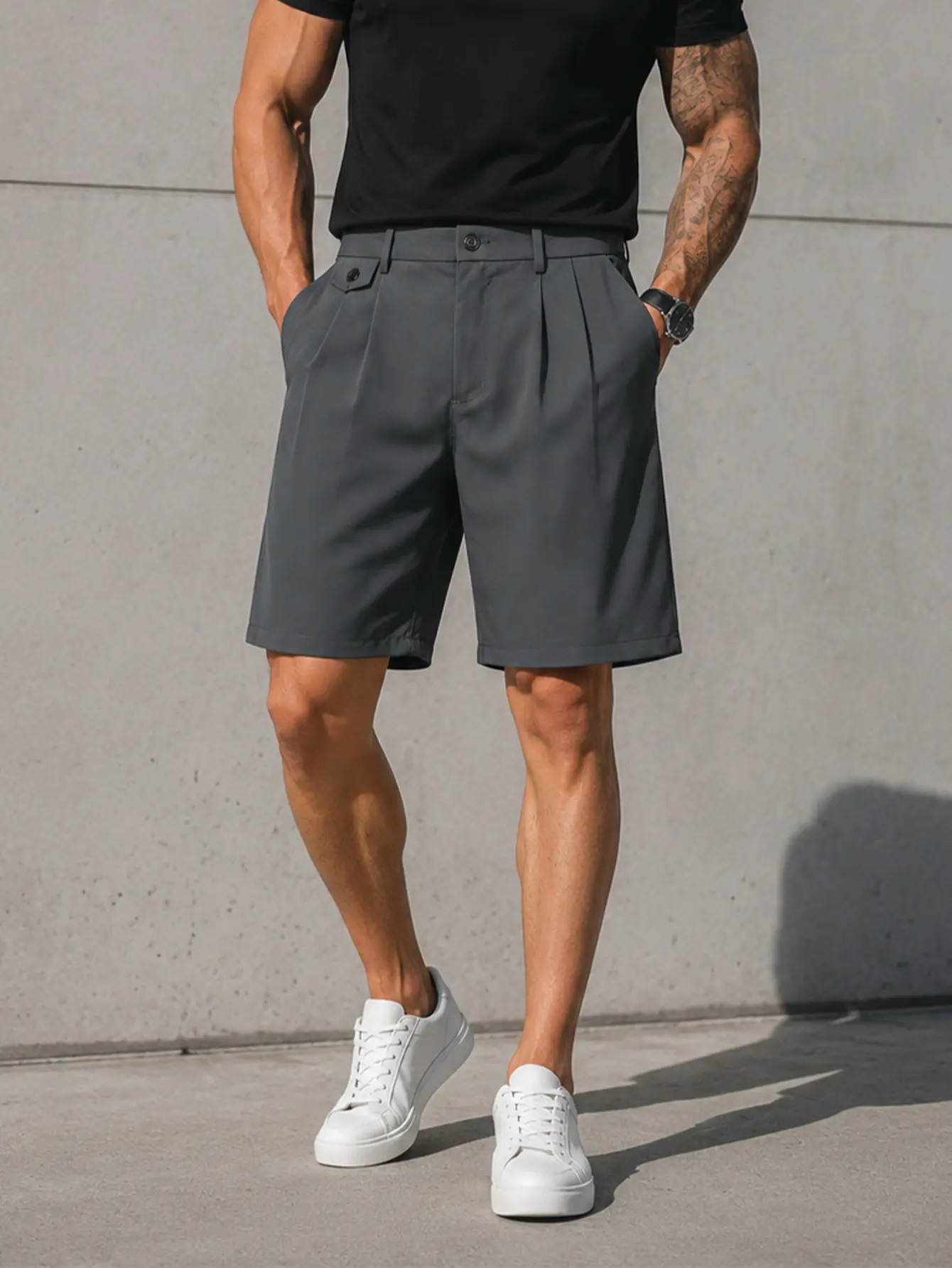 Plain Pleated Suit Shorts for Men, Smooth Breathable Knee-Length Business Casual Dress Shorts with Pockets, Formal, Menswear