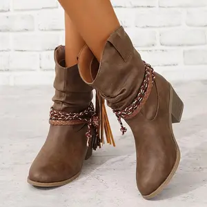 Women’s Western cowboy boots with tassel and braided buckle, block heel, round toe—comfortable and versatile girls’ walking shoes; genuine leather, pointed-toe, over-the-knee combat boots; country female all-match trendy shoe