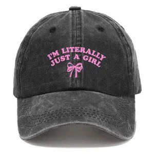 I'm Literally Just A Girl Bow Graphic Washed Cotton Baseball Cap Sweet Edgy Girl Style Hat Black Snapback 100% Cotton Denim Fabric Breathable Tag Free