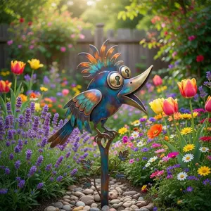 Funny Bird Garden Stake Sign - 2-Sided Printed Crow Metal, 1.5 mm Thick, 10 to 40 Inches, Whimsical Cartoon Silhouette, Weatherproof Patina Outdoor Art, Flower Bed Decor, Unique Housewarming Gift for Bird Lovers, Address Signs