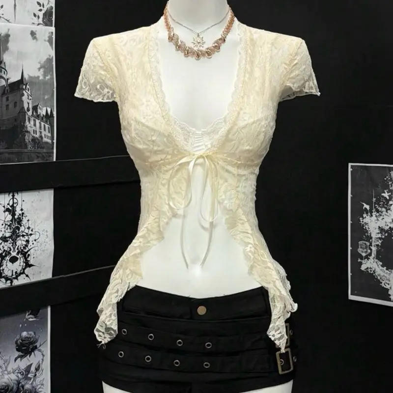 Yellow V Cut Blouse - Short Sleeve Top with Unique Design Feature Lace Light Shirts Womenswear Casual Elegance Elegant Piece Style Summer