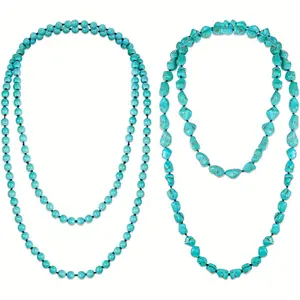 2 PCS Turquoise Beads Multi Strand Necklace for Women, Long Layer Jewelry Gifts