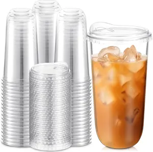 Clear Plastic Cups with Strawless Sip  Disposable Round Bottom Togo Cups for Coffee Smoothie Cold Beverage Coffee Shops and Party Catering(20 oz,100 Pcs)