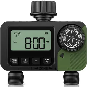 Sprinkler Timer 2 Outlets, Programmable Water Hose Timer with Rain Delay/Manual/Automatic Watering System, Outdoor Digital Auto Irrigation for Garden Yard Lawn with Large Display(Black+Olive Green)