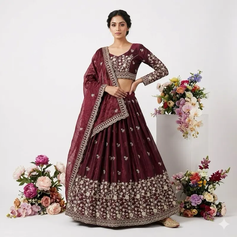 Unstitched Lehenga Set for Lady, Ethnic Floral Print 2-Piece Indian Party Wear, Original Design for Special Occasions