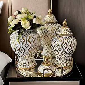 Luxury White Golden Ceramic Ginger Jar - Contemporary Round Decorative Vase for Living Room, Dining Table & Bedroom - Modern Home Accent Piece