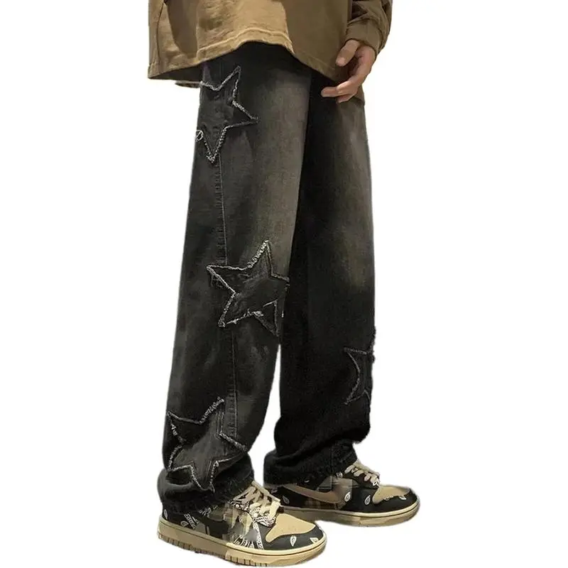 Mens Y2k Star Jeans Waisted Hip Hop Streetwear Jeans Loose Baggy Embroidery Aesthetic Harajuku Pants jeans  men Trouser Menswear Beige Pocket Fashion
