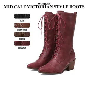 Womens Mid Calf Boots Pointed Toe Chunky Block Heel Victorian Style Granny Boots Fashionable Zide Zipper LaceUp Comfy Outdoor Clubbing Event Office Casual Steampunk Gothic Combat Spring Biker Boots