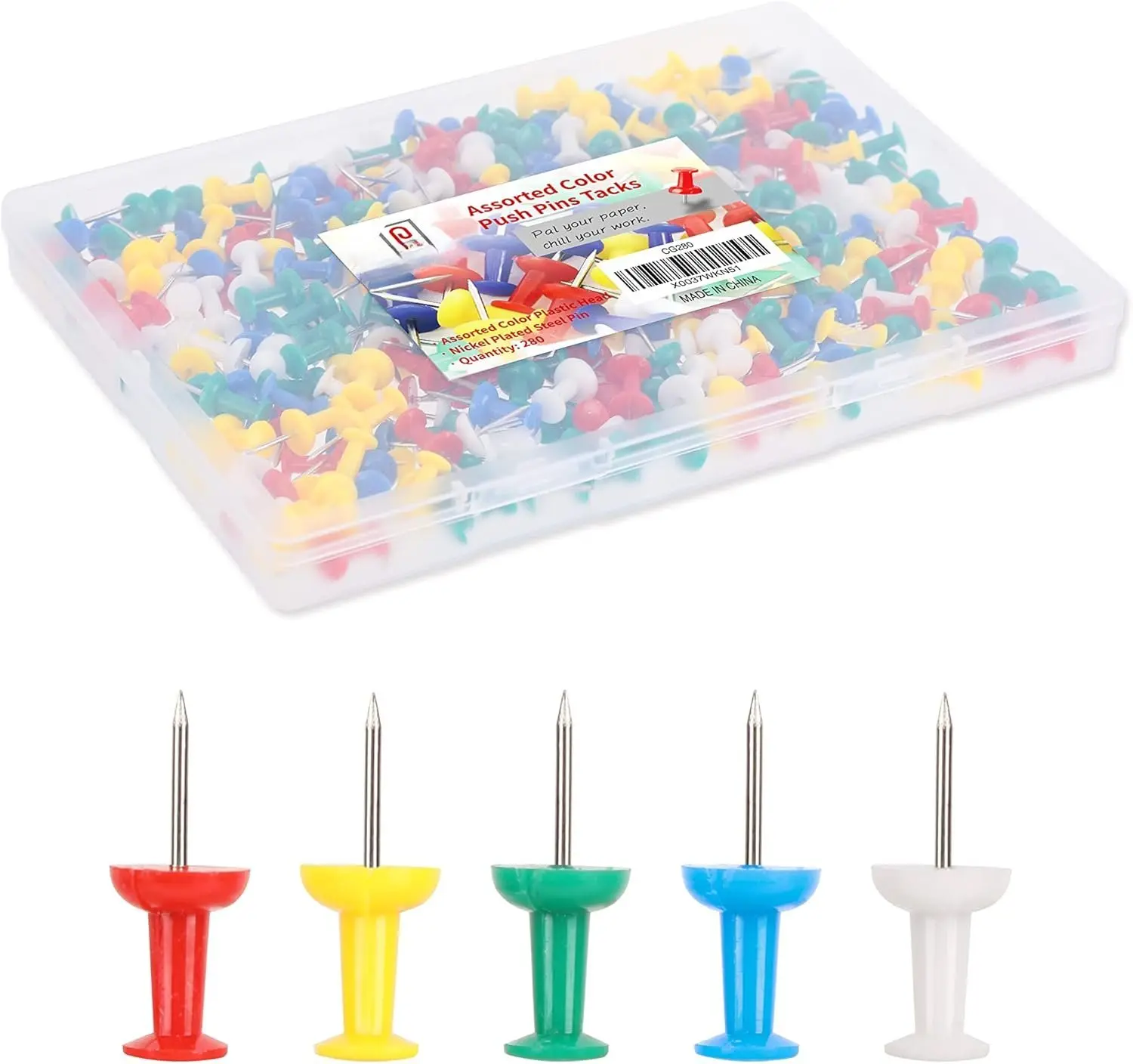 280-Count Attractive Assorted Color Push Pins (1" Long, Curved Design) for Cork Board, Wall Hangings, Office & Personal Use - Standard Size Home Supplies Thumb Tacks