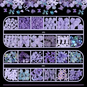 2 Boxes 3D Flower Nail Charms Butterfly Bow Snake Rabbit Bear Shaped Nail Art Rhinestones Gems for DIY Nail Art Decoration Making Craft (Purple)