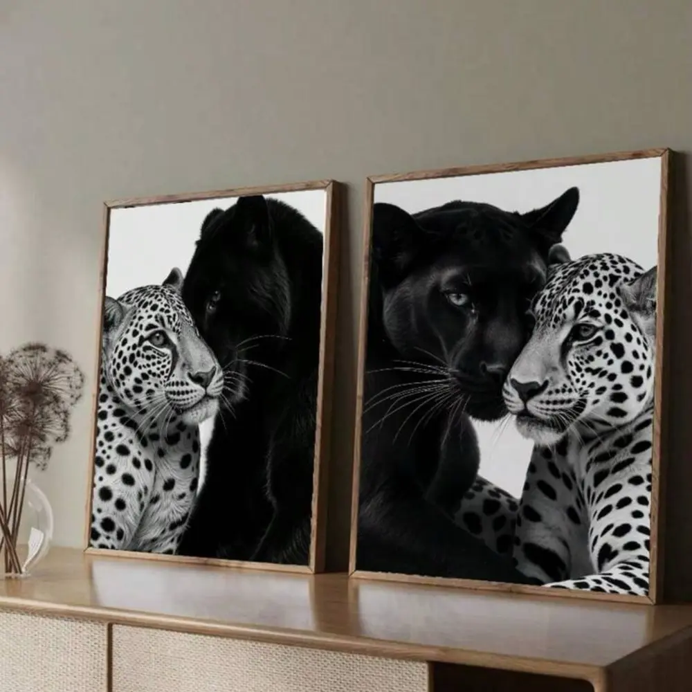 Optional Wooden Frame Retro Black Panther Black White Modern Home Decor Canvas Wall Art Set