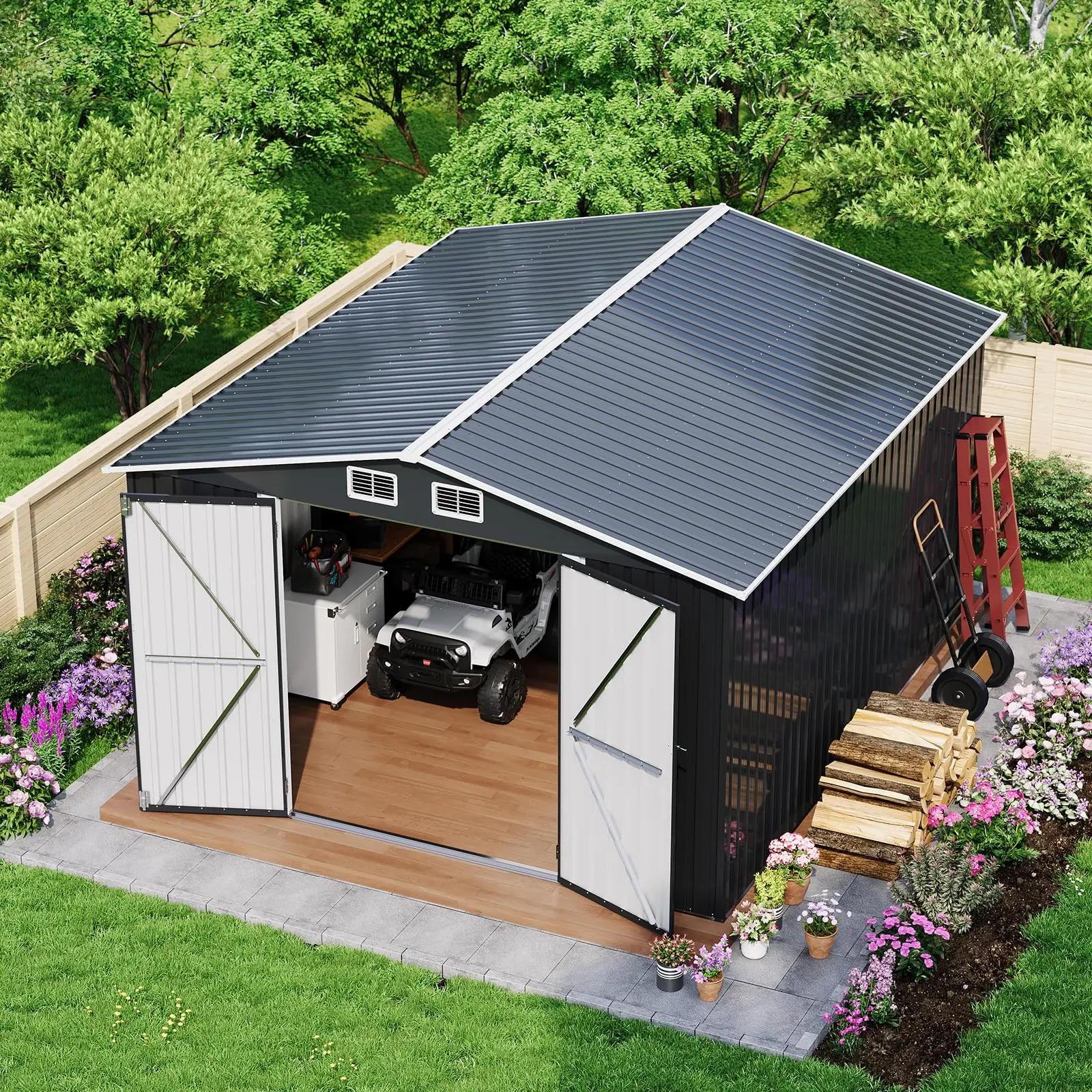 12X10 ft Outdoor Storage Shed,Garden Sheds Storage with Updated Frame Structure,Backyard Garden Terrace Tool Shed for Backyard,Lawn,Bike Storage, Patio,Gray