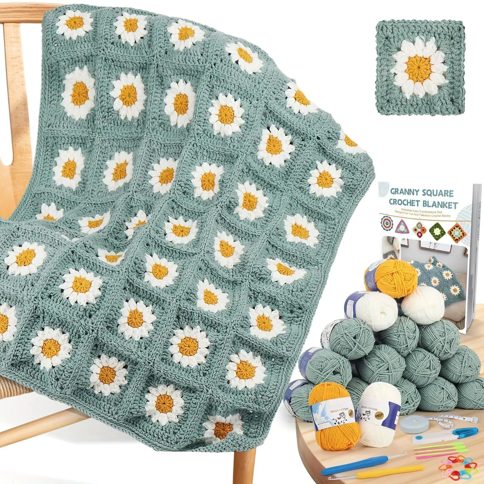 Blanket Crochet Kit for Beginners, Granny Squares Crochet Blanket Kit with Soft Yarns Detailed Instruction, Complete Crochet Starter Kit for Daisy Blanket, Easy to Learn Yarn Kit