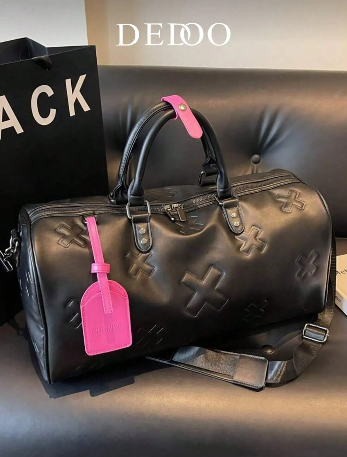 Luxury Embossed Cross Pattern Duffle Bag, Large Capacity PU Travel Weekender Bag, Contrast Hot Pink Luggage Tag Design Portable Handheld Carry On Bag with Adjustable Shoulder Strap Perfect for Gym Business Trip Short Vacation Sports Luggage Handbag