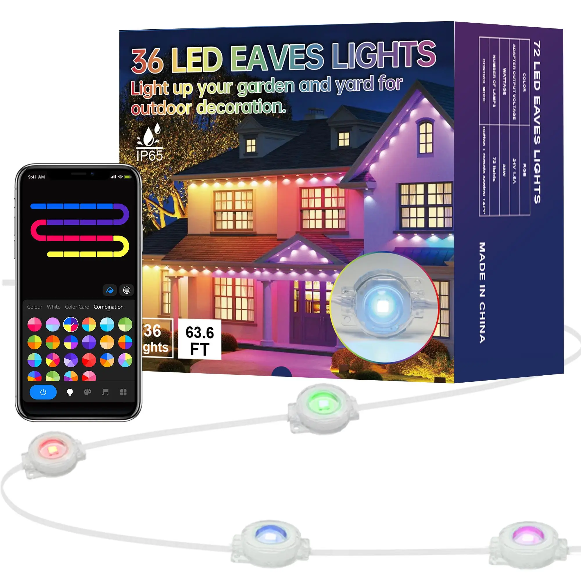 Christmas Smart Eaves Light, Outdoor 36-LED Eaves Light with APP Control, Bluetooth-compatible Color Changing Eaves Light for Porch, Backyard, Garden