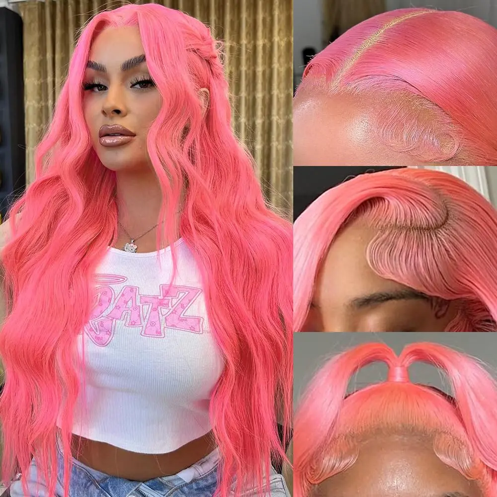 13x6 Hot Pink Lace Front Wigs Human Hair 150% Density Hot Pink Lace Frontal Wig Body Wave with Natural Hairline Colored Pre Plucked Glueless Wigs For Woman