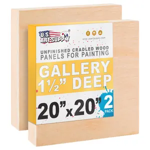 Unfinished Cradled Wood Panels for Painting, 2 Pack of 20x20 inch - Gallery Birch Wooden Canvas Boards 1-1/2" Deep - Mixed-Media Craft, Acrylic, Oil, Encaustic, Paint Pouring