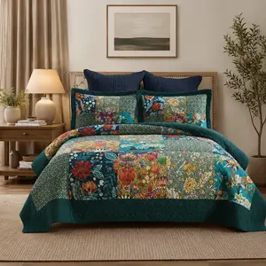 Cotton Bedspread Quilt Sets Reversible Bedding Coverlet Sets Comforter, Vintage Floral Patchwork Turquoise Bedspread, King Size | Breathable material, Reversible, Soft durable, Handmade patchwork, Machine waschable, Jacquard stitching