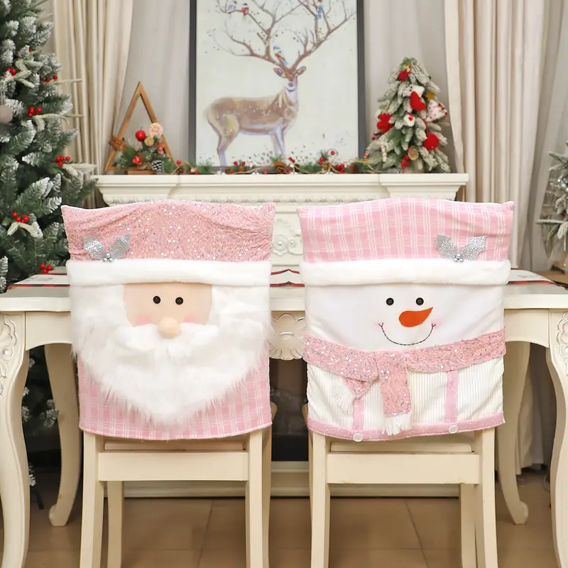 Christmas Decoration Chair Cover Set, Holiday Accessory, Seat Covers Santa Claus Doll Cushion Covers for Dining Room Home Atmosphere Arrangement