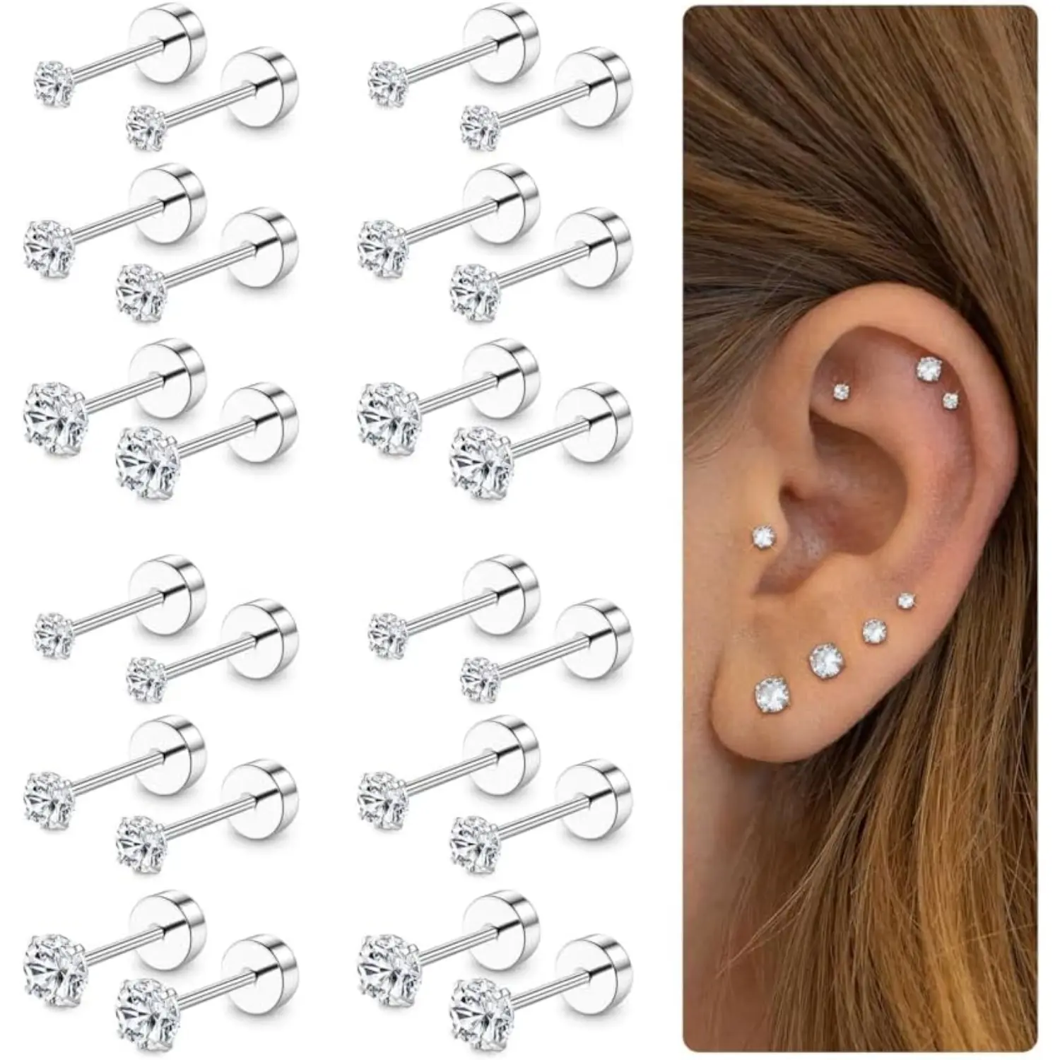 Women's Stud Earrings Set, 12-Pair Stainless Steel Cubic Zirconia Screw Flat Backs, 20G Ear Accessories for Cartilage, Helix & Tragus Ear Jewelry, Helix Piercing Earrings, Sister, Daughter, Flat Back Earrings