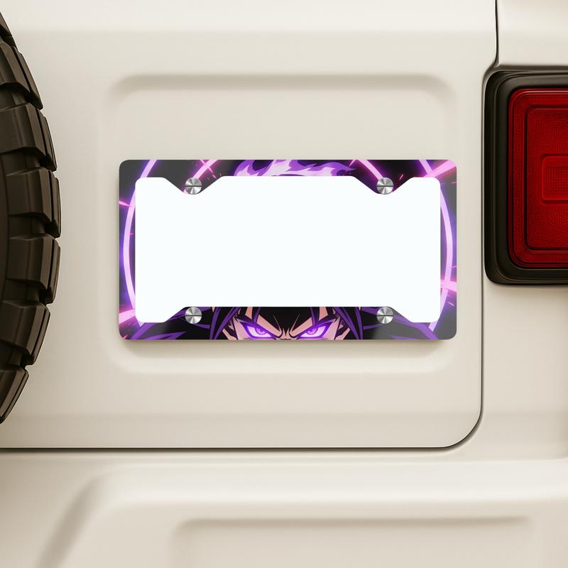 Purple Demon Eyes Metal License Plate Frame Anime Glow Car Accessory with Unique Cutaway Shape and Vivid Full-Color Printing