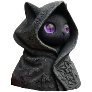 Hooded Black Cat Figurine with Emerald Eyes – Valentines Day Gift 3.1inch Gothic Witch Statue Resin Sculpture for Home Altar Decor – Gift for Cat Lovers Halloween