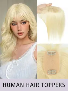 5x9cm Real Human Hair Topper with Bangs, Blonde 613# Straight Human Hair, Adds hair Volume, Covers white hair, Suitable for Various Scenarios