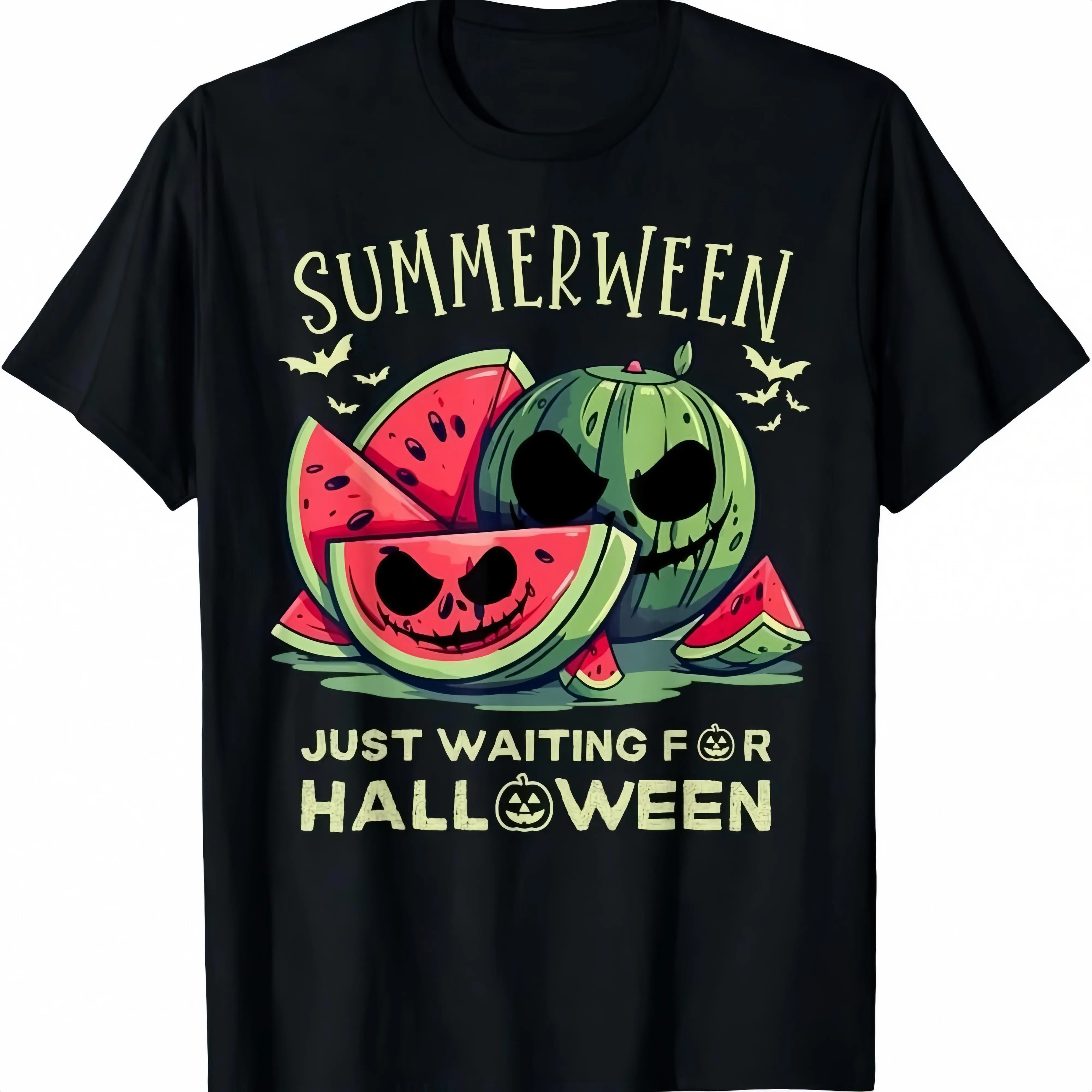 Soft Cotton Graphic Print Menswear Sports Shirt - Shortsleeve Round Neck, Breathable Relaxed Fit Fashion Top, Casual Streetwear, True Size, Summerween Watermelon Jack O' Lantern Print, Sporty Chic Athletic Wear, Available in Multiple Sizes