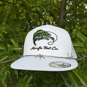 Marfa Hat Co. Green Bass Hat - White Snapback with Fish Design, Adjustable Strap