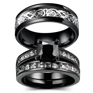 Trendy Personalized Double Row Black Diamond Ring Black Gold Filled Couple's Ring Dragon Pattern Electroplated Alloy 8g