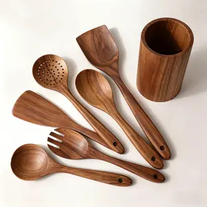 Wooden Utensil Set 7Pcs Wooden Spoons for Cooking, Natural Teak Wood, Non-Stick, Smooth Finish, Easy to Clean, Comfort Grip, Kitchen Wooden Cooking Utensils Set