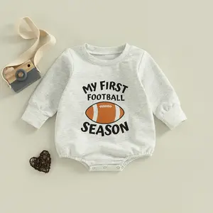 Infant Baby Heather Grey Long Sleeve Romper with Football Graphic, Casual Fall & Game Day Outfit