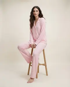 Rosé All Night Set - Soft Modal Ribbed Pajama Set with Long Sleeves & Below the Ankle Pants for All Seasons Comfortable Loungewear