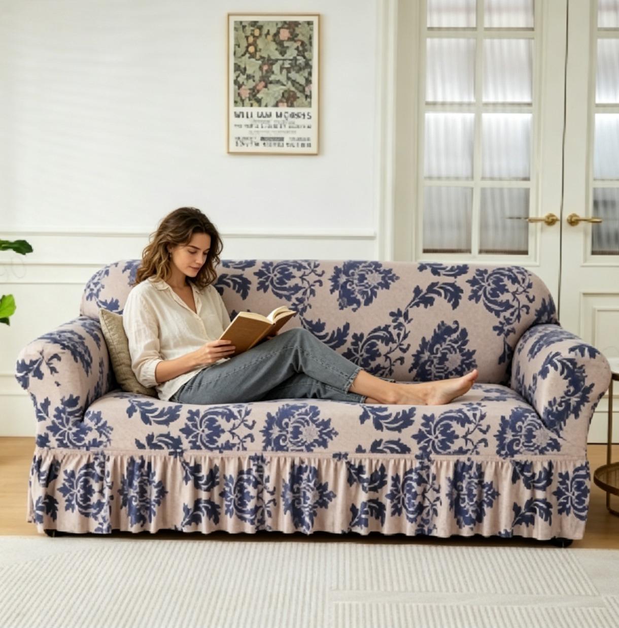 Chic Blue Damask Couch Cover | Stretchy Fabric with Ruffled Skirt for Instant Room Refresh