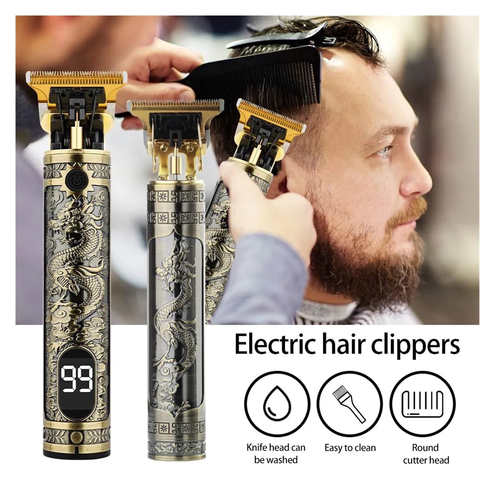 Professional Men's Hair Clipper & Trimmer - Cordless USB Rechargeable, High-Precision Beard Trimmer with 4 Detachable Limit Combs, Low Noise, Quick Charge, Dragon Design Grooming Kit for Home & Salon Use